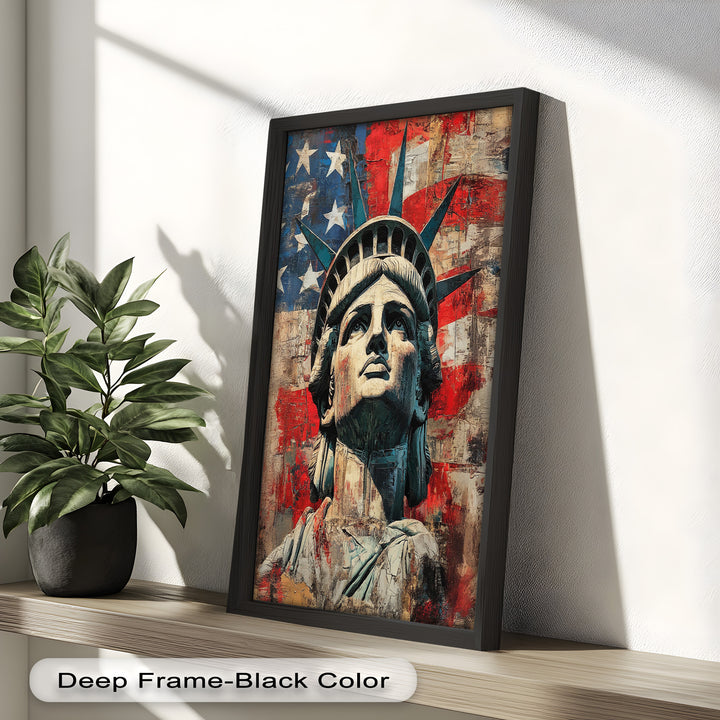 Freiheitsstatue mit amerikanischer Flagge - Patriotisches Ölgemälde