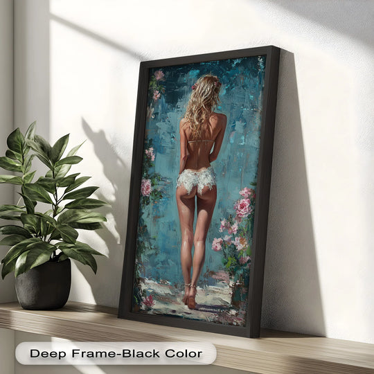 Deep frame finish enhances this garden muse nude oil painting reproduction print, adding depth to the romantic floral art with soft brushwork and hues.
