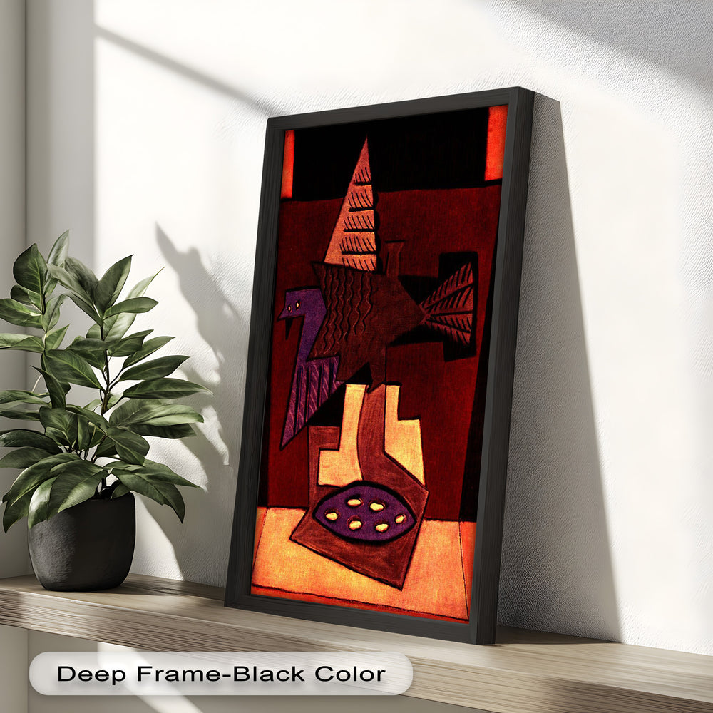 A cubist-inspired bird composition featuring sharp angles, textured patterns, and earthy, warm hues.

