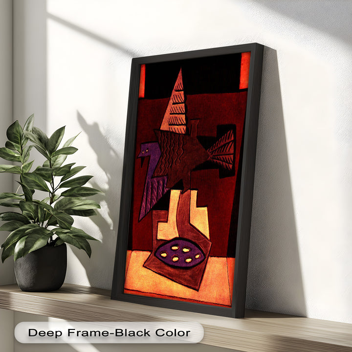 A cubist-inspired bird composition featuring sharp angles, textured patterns, and earthy, warm hues.

