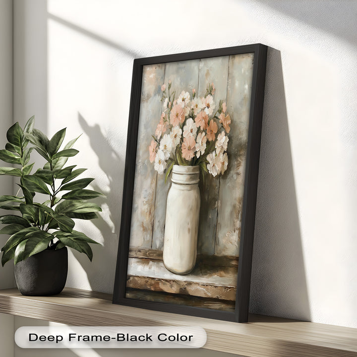 Blush & Cream Blooms – Rustic Mason Jar Flower Oil Painting