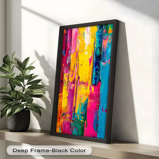 Black deep frame borders the modern oil painting art, showcasing an abstract electric fusion of neon color bursts.