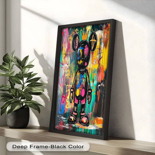 Negative space highlights the frenetic energy in this crowned KAWS character, a vibrant oil painting art piece with a graffiti-style, neon color palette.