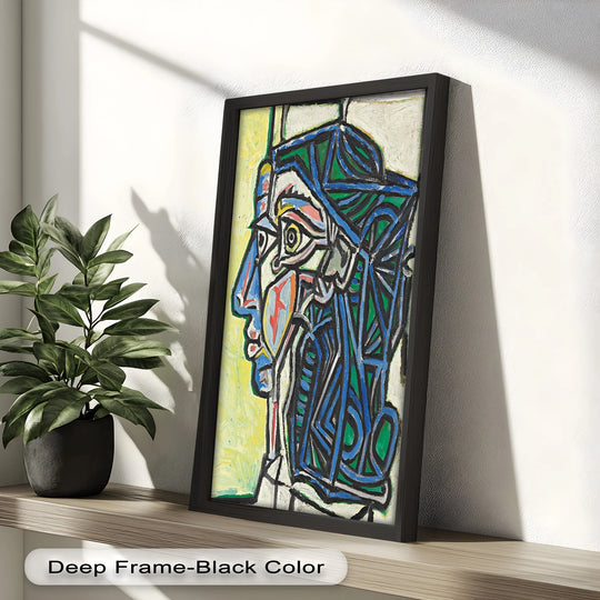 Showcasing the abstract quality of the Angular Gaze oil painting reproduction print, a Picasso-style geometric portrait defined by expressive blue and green lines.