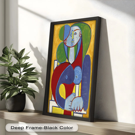 Exaggerated depth and layers create a striking effect in this Cubist-style Color Harmony Picasso oil painting art piece of a seated woman.