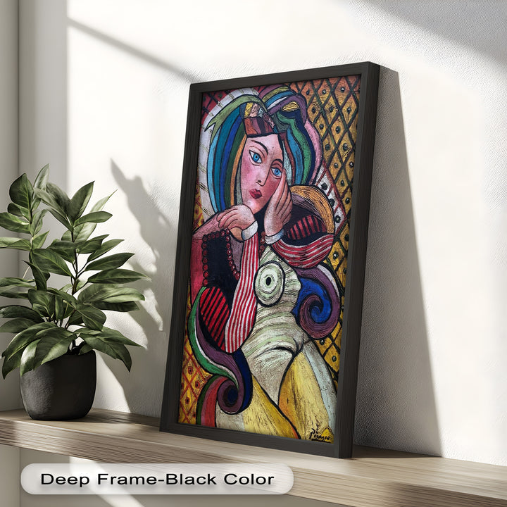 Melancholy in Stripes – Colorful Cubist Woman Portrait Picasso Oil Painting