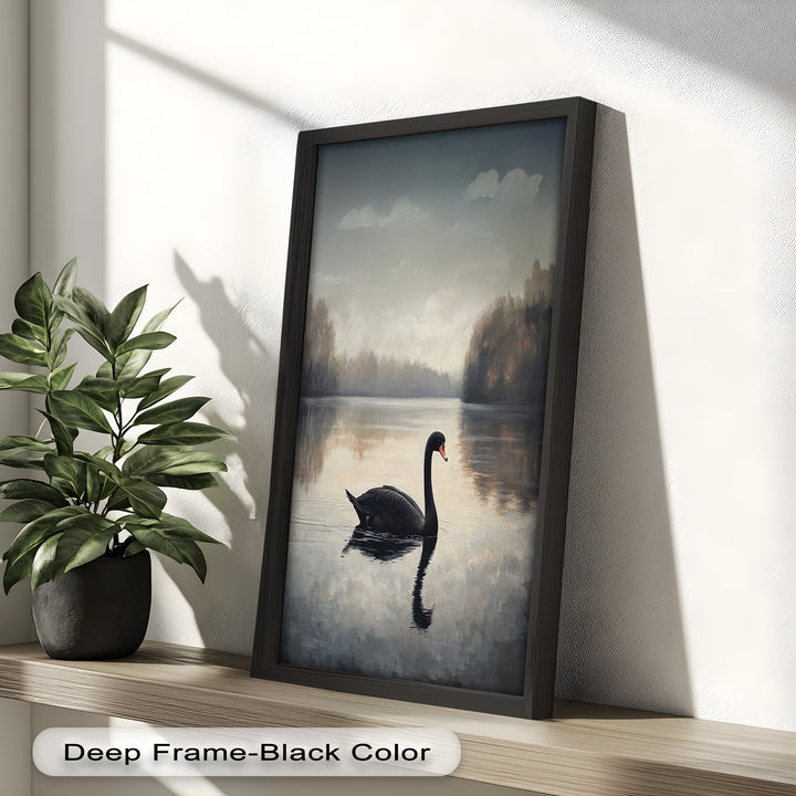 Black Swan at Dusk – Lake Scene Oil Painting