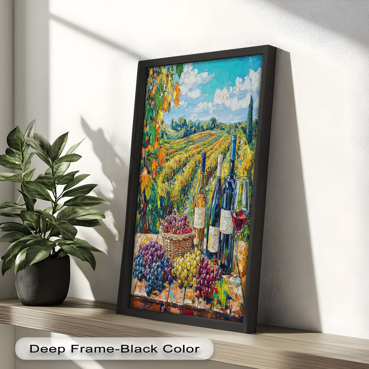 Wine Bottles and Grapes in Sunlit Fields - Still Life Oil Painting