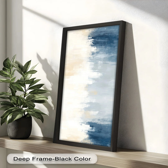 Canvas wall art featuring a serene abstract oil painting with tranquil blue and sand tones against a bright, textured background.