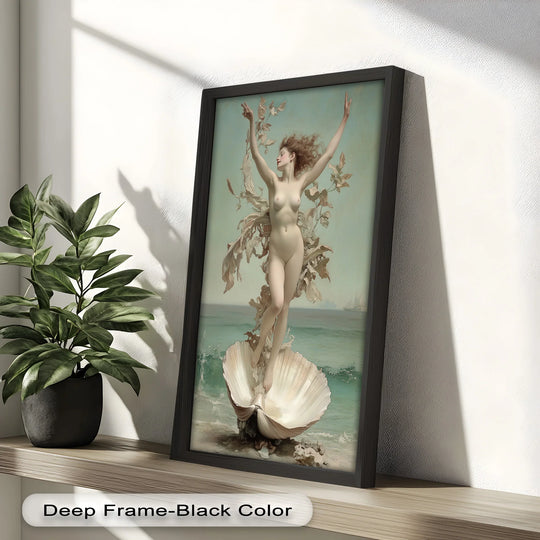 Gentle hues blend in this 'Ethereal Awakening' Renaissance oil painting artwork, depicting Venus rising from the shell, showcasing a smooth color gradient.