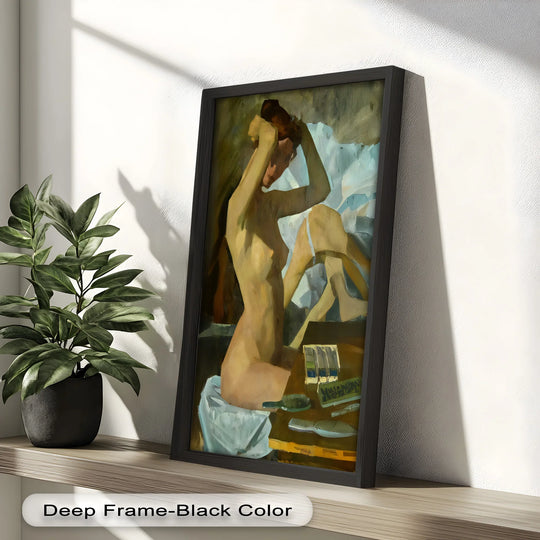 The realistic detail shows an oil painting art piece, 'Muted Reverie,' a figurative nude in earth tones capturing an intimate moment in subtle, rich detail.