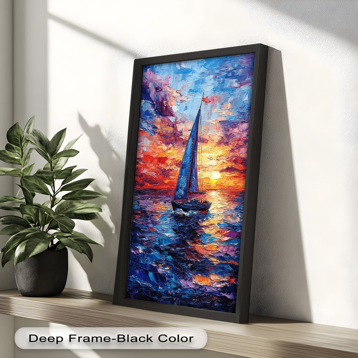 Crimson Horizon – Sunset Voyage Boat Oil Painting