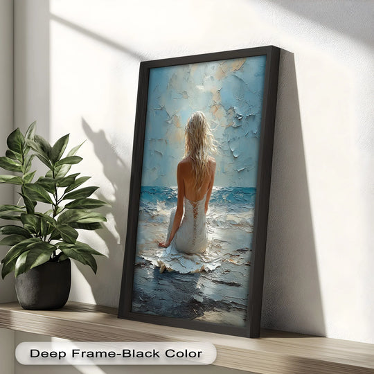 The softest element is the woman's wind-blown hair in this serene 'Whispers of the Tide' ocean abstract oil painting wall art, creating a tranquil scene.