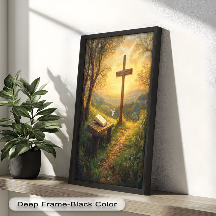 Pfad des Glaubens – Christliches Kreuz und Bibel-Ölgemälde