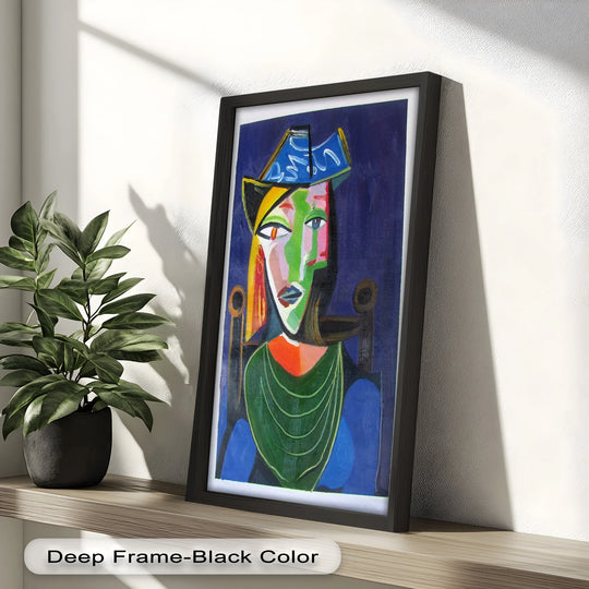 Distinguished by its rich finish, this oil painting artwork showcases Picasso's Woman in a Blue Hat with bold colors and an abstract Cubist style.