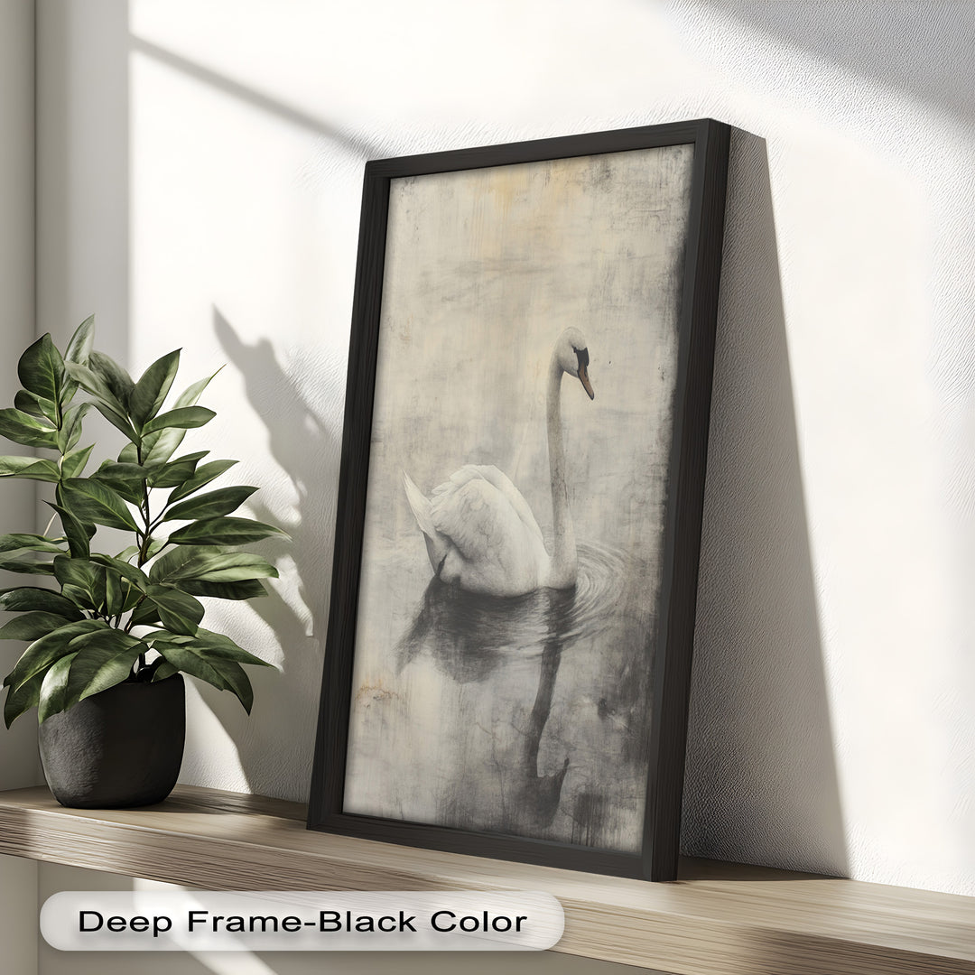 Silent Grace – Monochrome Swan on Still Water Oil Painting