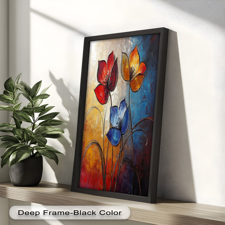 Eternal Bloom – Red, Yellow, and Blue Floral Oil Painting