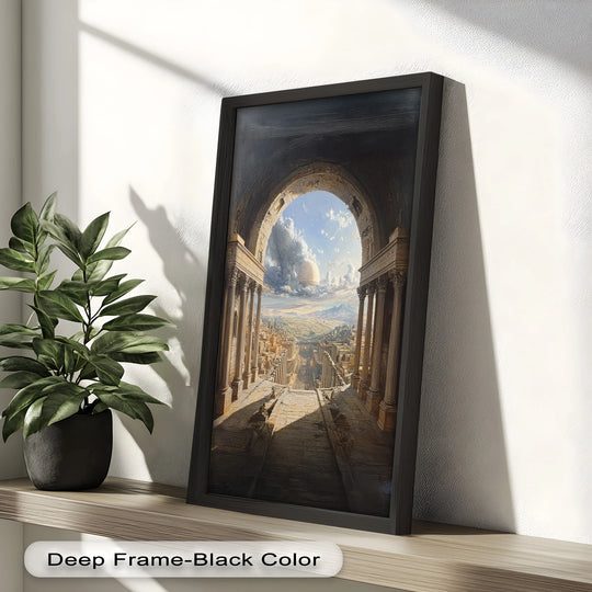 Celestial Archway over an Ancient Metropolis – Renaissance Oil Painting - MyPhotoStation