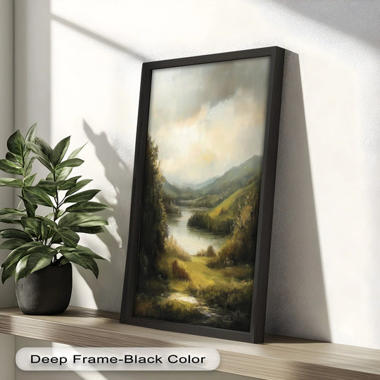 Green and yellow hues dominate this Hudson River style oil painting artwork, showcasing a landscape with serene hills and calm waters in a black frame.