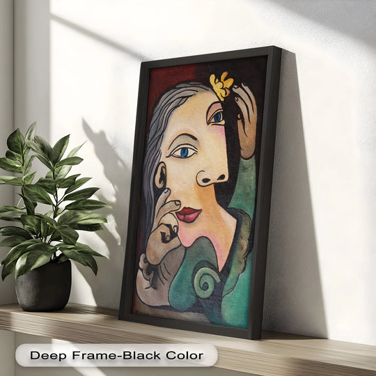 Dominant with hues of teal, beige, and red, this oil painting art prints features a surrealist woman in a Picasso-esque style, accented by a yellow flower.