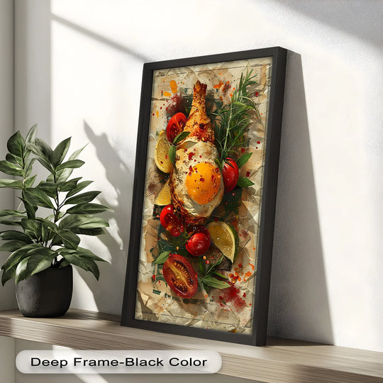 High color saturation enhances this vibrant oil painting artwork, highlighting the fried egg, roast chicken, fresh herbs, and citrus accents in this delectable food painting.