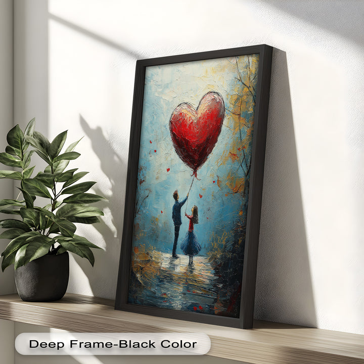 Romantic Red Heart Balloon Scene - Love Oil Painting