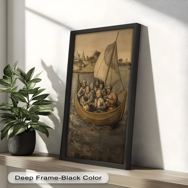 Medieval Sailors in Wooden Vessel - Historic Oil Painting