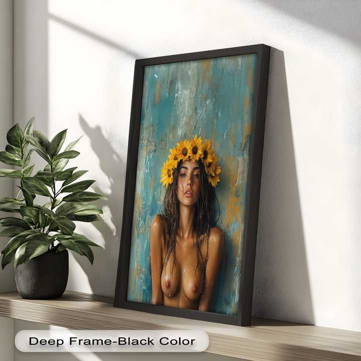 Sun-Kissed Solstice – Woman with Sunflower Crown Abstract Oil Painting