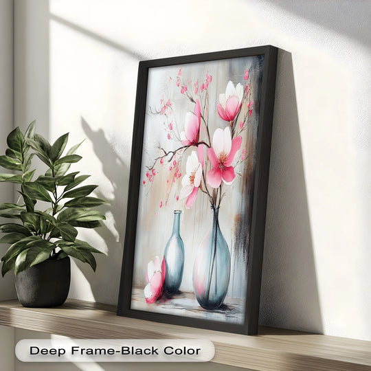 The abstract quality of this floral oil painting wall art is captured through blurred edges and blended colors, depicting soft pink magnolias in a serene composition.