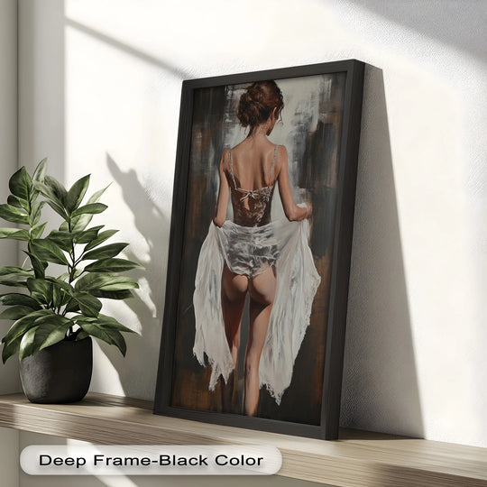 Celebrating the abstract quality, this oil painting art prints showcase a romantic, figurative nude with soft steps in lace and expressive brushstrokes.