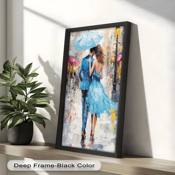 Romantic Couple Strolling in Rain - Love Oil Painting
