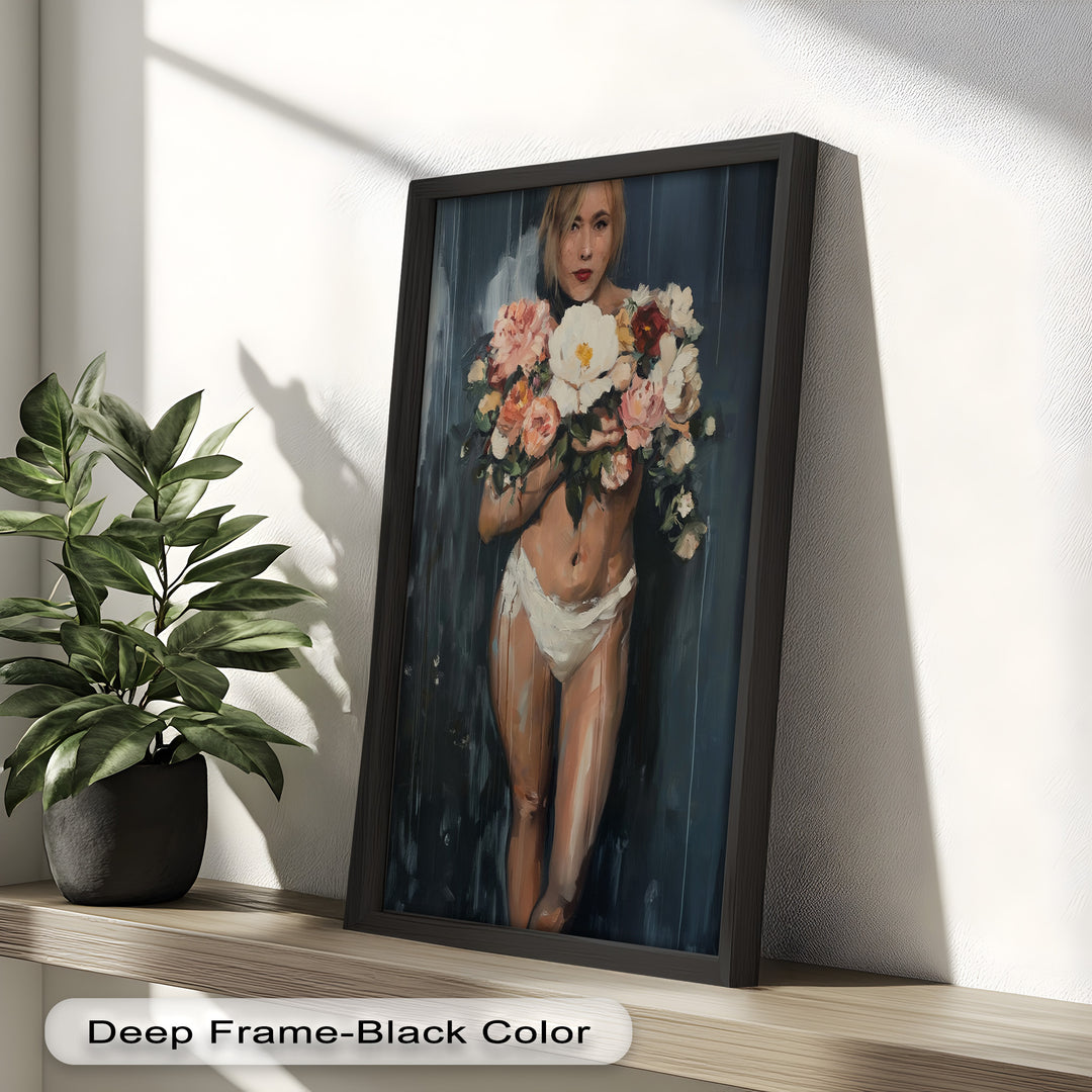 Floral Embrace – Abstract Nude with Blooming Bouquet Oil Painting