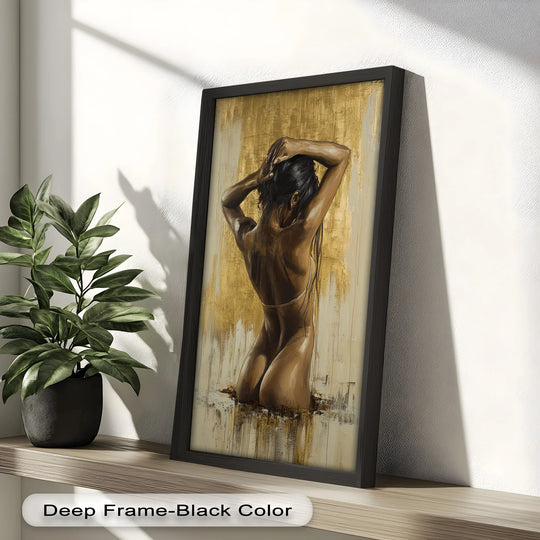 Highlighting the darkest area, this contemporary oil painting decoration presents a figurative nude with a golden silence backdrop in a deep-framed black finish.