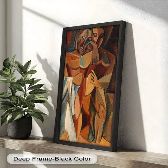 Subtle textured background complements the figures in the 'Embrace in Earth Tones' Picasso style oil painting wall art, enhancing the artwork's depth.