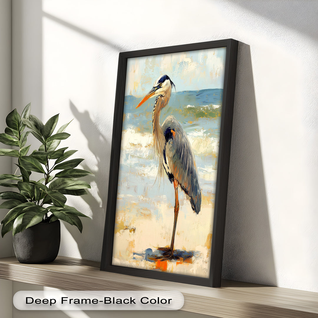 Elegant Heron Standing on Shoreline – Framed Oil Painting