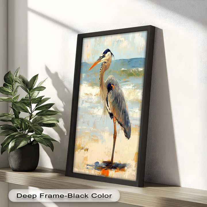 Elegant Heron Standing on Shoreline – Framed Oil Painting