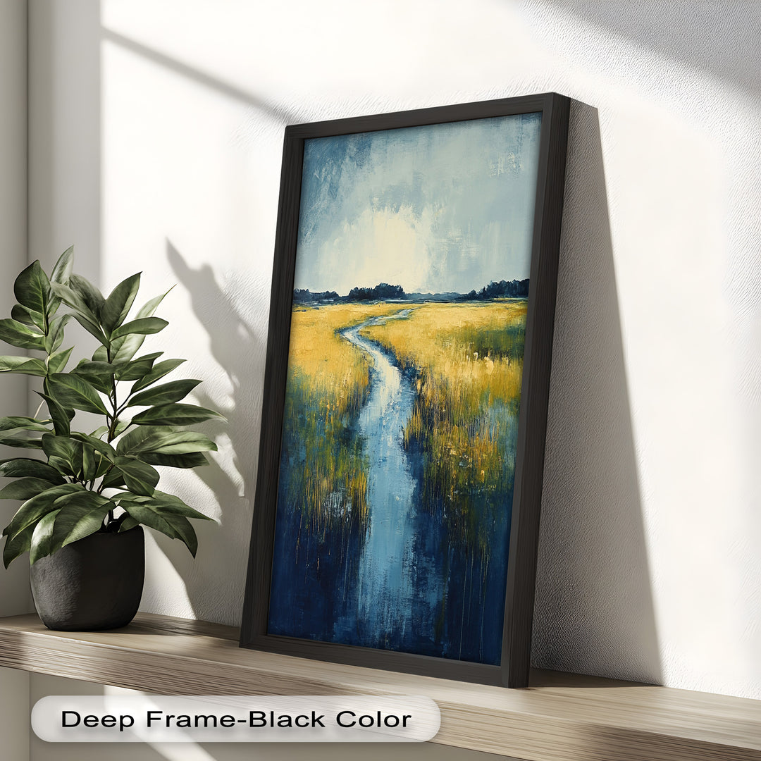 Golden Fields and Blue Stream – Contemporary Landscape Oil Painting