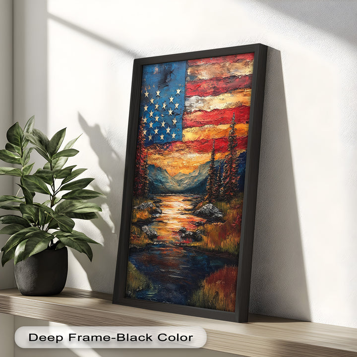 Amerikanische Flagge Sonnenuntergang Landschaft - Patriotisches Ölgemälde