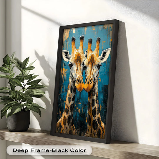 Focal point of the animal oil painting showcases the giraffe couple, a vibrant and striking oil painting decoration with hues of golden tones against a textured blue canvas.