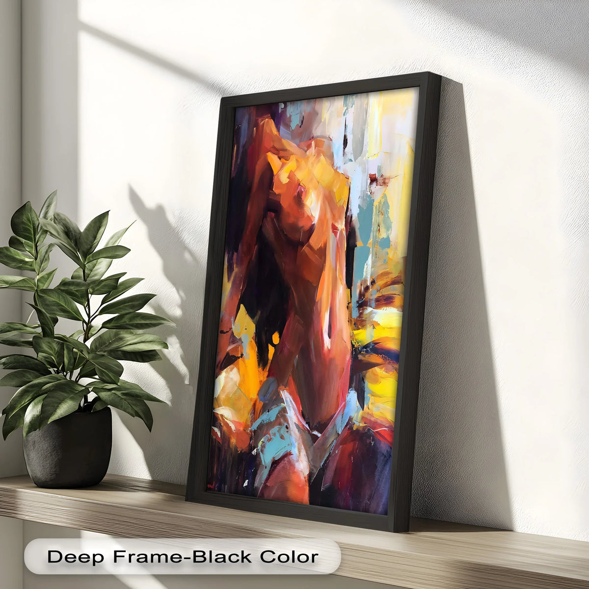 Vibrant color saturation enhances this abstract nude oil painting decoration, showcasing a bold silhouette with fiery tones.