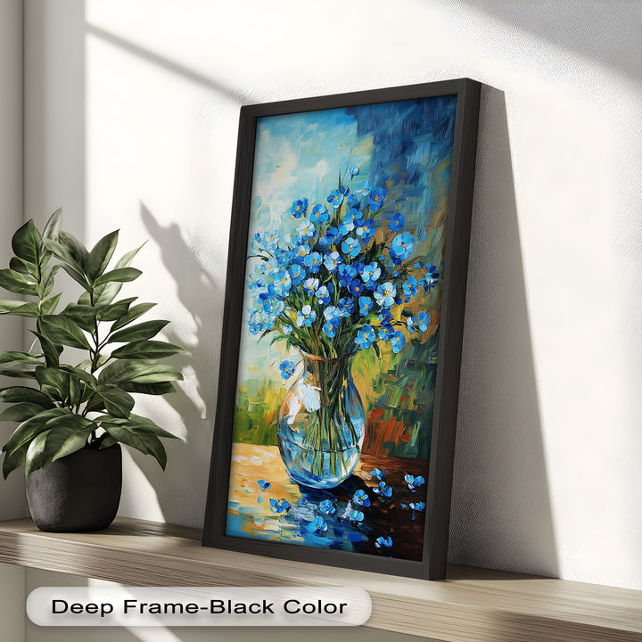 A bright floral composition with vivid blue blooms in a round glass vase, painted in dynamic strokes of green, yellow, and blue.