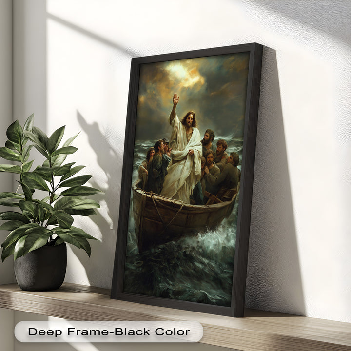 An artistic portrayal of Jesus performing the miracle of calming the storm, with disciples in a boat surrounded by turbulent waters.