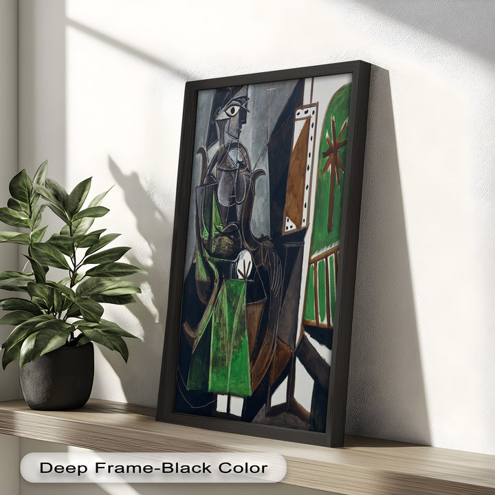 Figure by the Window – Abstract Green Interior Picasso Oil Painting
