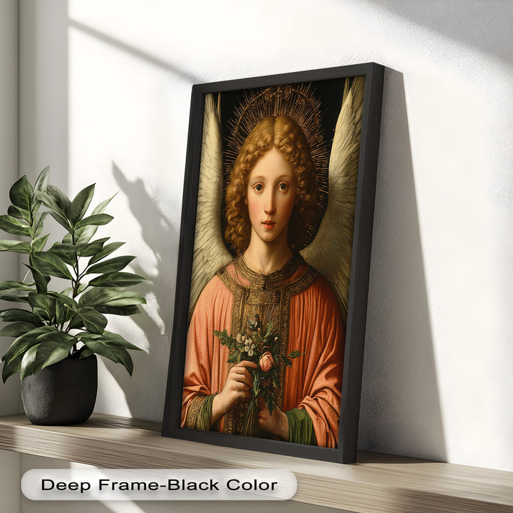 A spiritual and elegant angelic figure with a floral bouquet, richly adorned in traditional robes and golden light.