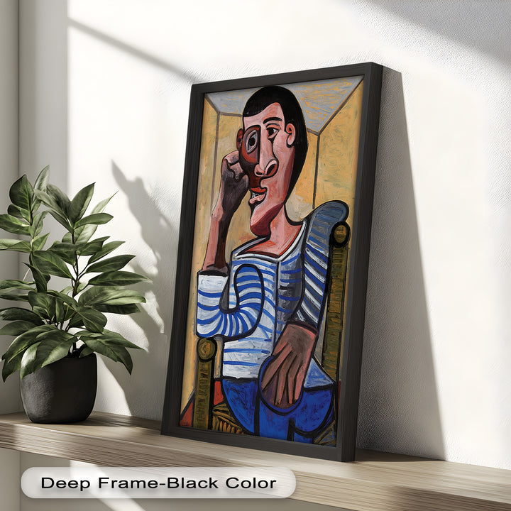 Melancholy in Stripes – Seated Man with Blue Shirt Picasso Oil Painting