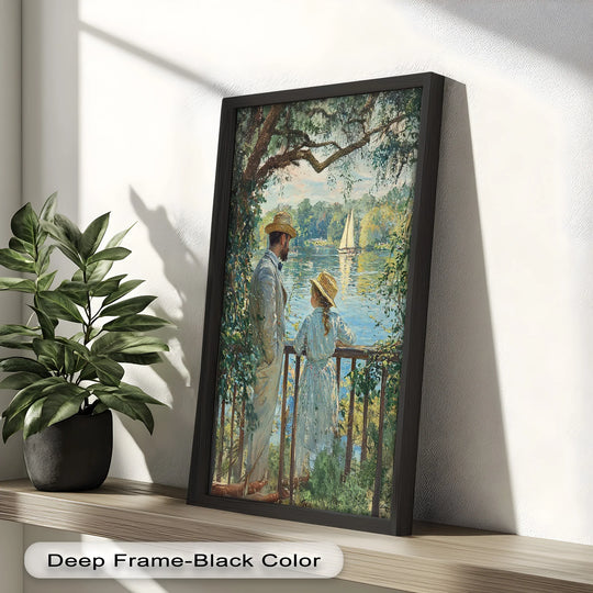 Evoking a sense of tranquility, this impressionist Father and Daughter by the Lake oil painting artwork exudes warmth and peace through soft brushstrokes and serene lakeside scenery.