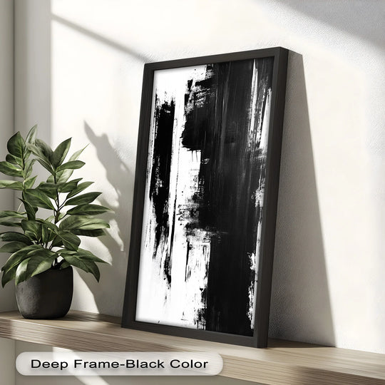 Bold brushstrokes define the transition between stark black and white in this abstract oil painting decoration, creating a textured, monochrome effect.