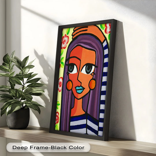 Visual rhythm is created with bold, repeated stripes and contrasting blocks of color in this Picasso-inspired oil painting decoration featuring a playful woman with purple hair.