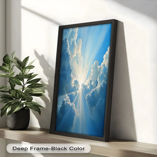 Striking color contrast highlights the bright celestial rays filtering through the billowing clouds in this 'Heaven's Radiance' oil painting artwork.