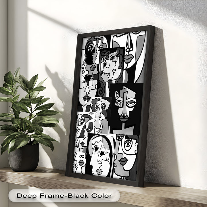 Monochrome Muse – Picasso-inspiriertes Ölgemälde mit kubistischen Gesichtern